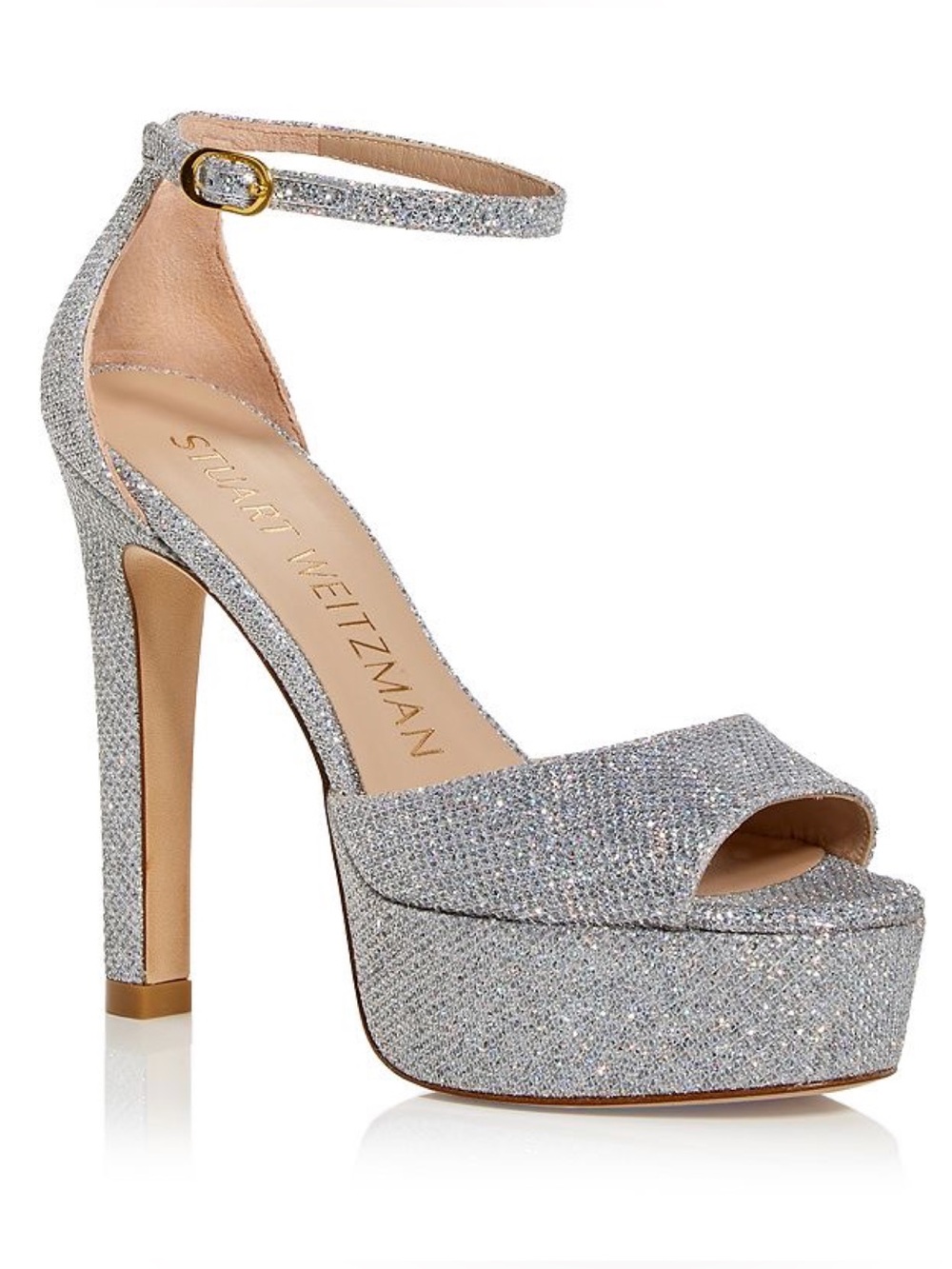 Stuart Weitzman Disco Platform Sandals — Silver Glitter Ankle Strap High Heels
